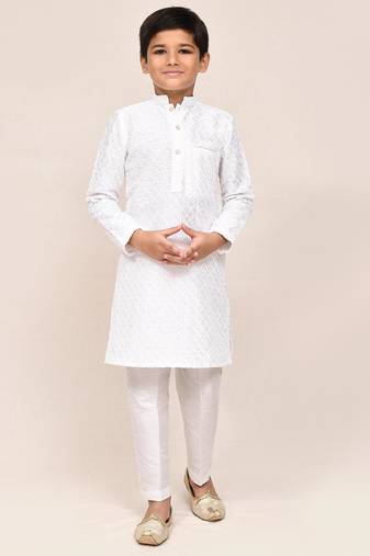 Kids boy white art silk straight kurta pant set