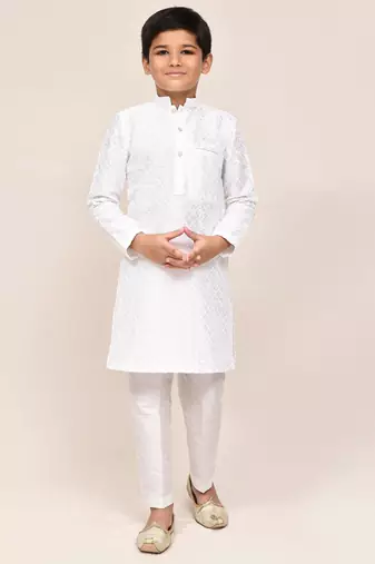 Kids boy white art silk straight kurta pant set