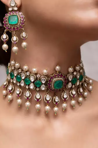 Gold plated multicolor stone kundan choker necklace set