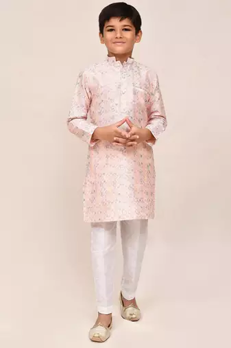 Kids boy baby pink art silk straight kurta pant set