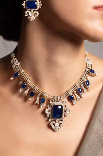 Gold plated blue stone kundan necklace set