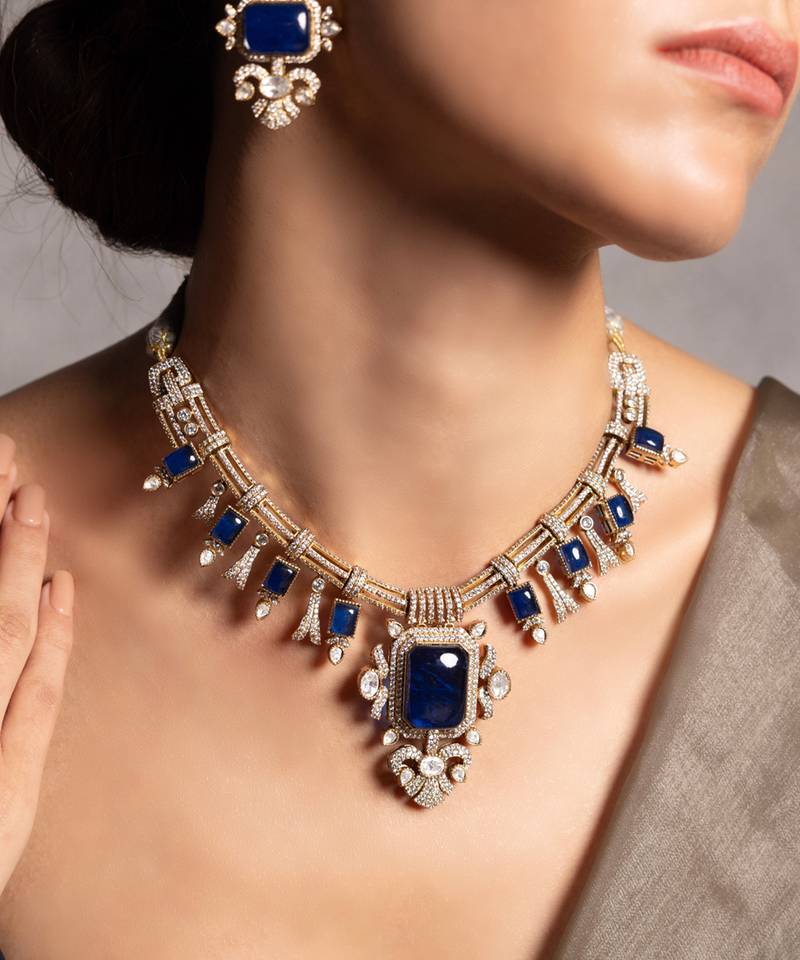 Gold plated blue stone kundan necklace set
