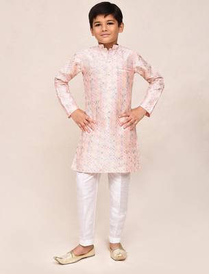 Kids boy baby pink Art silk straight kurta pant set 2