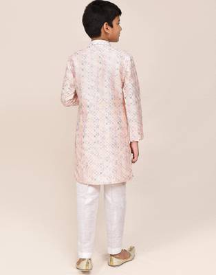 Kids boy baby pink Art silk straight kurta pant set 3