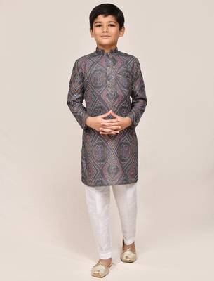 Kids boy grey linen cotton straight kurta pant set 1