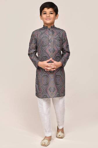 Kids boy grey linen cotton  straight kurta pant set