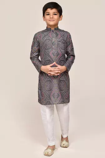 Kids boy grey linen cotton  straight kurta pant set