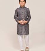 Kids boy grey linen cotton  straight kurta pant set