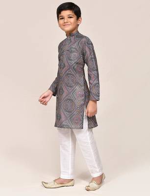 Kids boy grey linen cotton straight kurta pant set 2