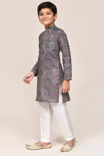 Kids boy grey linen cotton straight kurta pant set