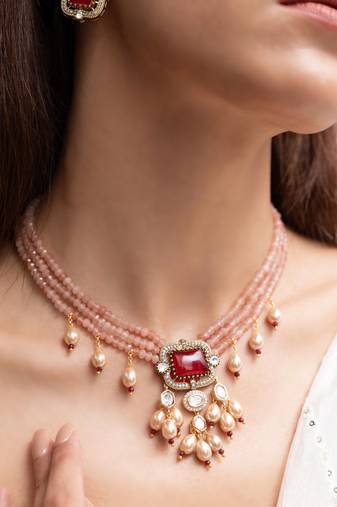 Gold plated red stone kundan necklace set