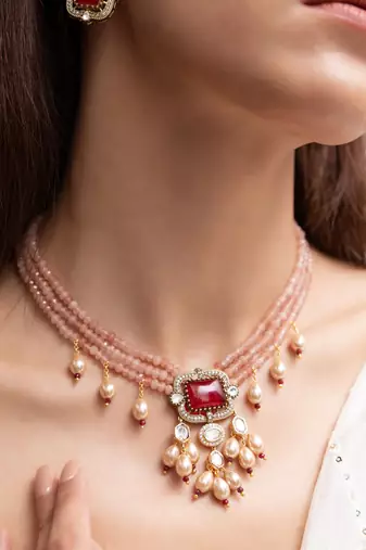 Gold plated red stone kundan necklace set