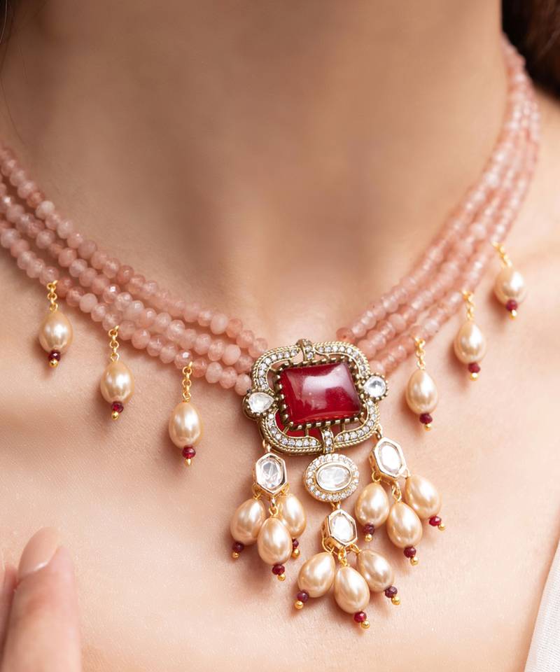Gold plated red stone kundan necklace set