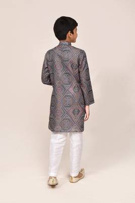 Kids boy grey linen cotton straight kurta pant set 3