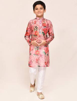 Kids boy peach grorgette straight kurta pant set 1