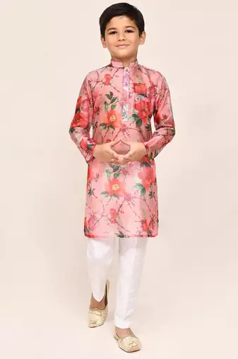 Kids boy peach grorgette  straight kurta pant set