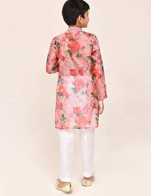 Kids boy peach grorgette straight kurta pant set 2