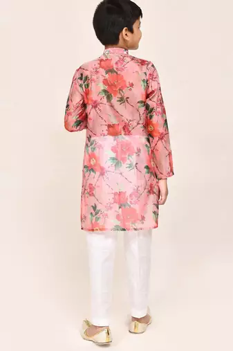 Kids boy peach grorgette straight kurta pant set
