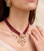 Gold plated maroon kundan necklace set