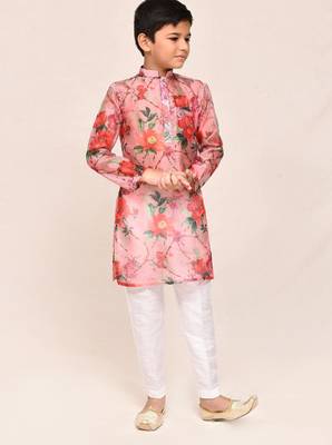 Kids boy peach grorgette straight kurta pant set 3