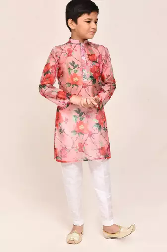 Kids boy peach grorgette straight kurta pant set