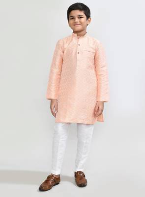 Kids boy peach cotton silk blend straight kurta pant set 1