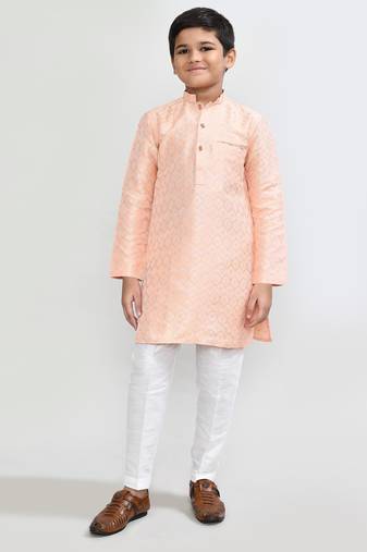 Kids boy peach cotton silk  straight kurta pant set