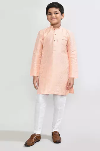 Kids boy peach cotton silk  straight kurta pant set