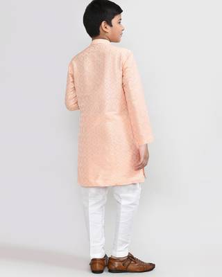 Kids boy peach cotton silk blend straight kurta pant set 2