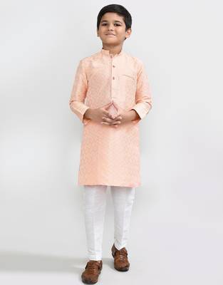 Kids boy peach cotton silk blend straight kurta pant set 3