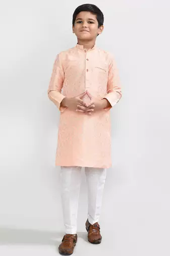 Kids boy peach cotton silk blend straight kurta pant set