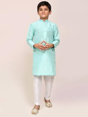 Kids boy ocean blue cotton silk blend straight kurta pant set 1