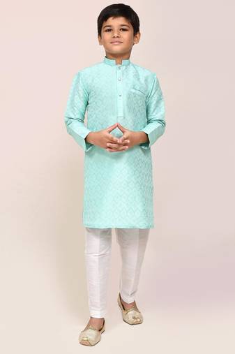 Kids boy ocean blue cotton silk  straight kurta pant set