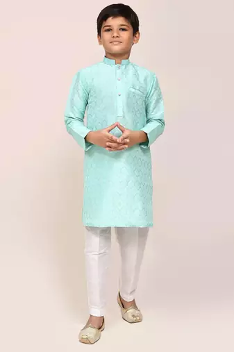 Kids boy ocean blue cotton silk  straight kurta pant set