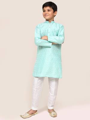 Kids boy ocean blue cotton silk blend straight kurta pant set 2