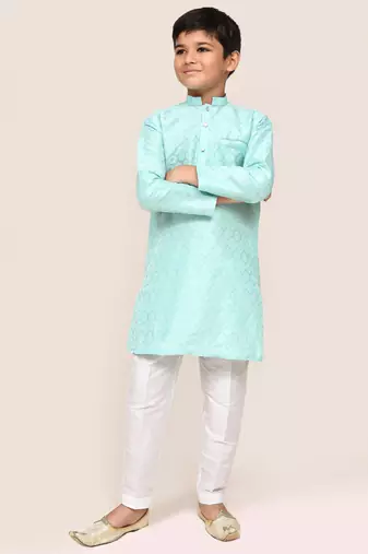 Kids boy ocean blue cotton silk blend straight kurta pant set