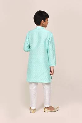 Kids boy ocean blue cotton silk blend straight kurta pant set 3