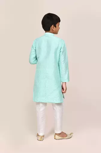 Kids boy ocean blue cotton silk blend straight kurta pant set