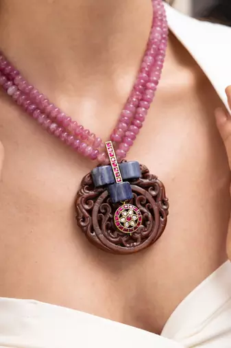 Gold plated pink stone necklace