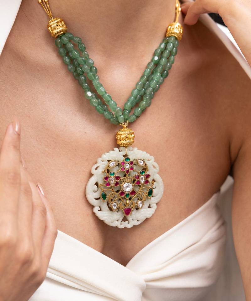 Gold plated green stone kundan necklace