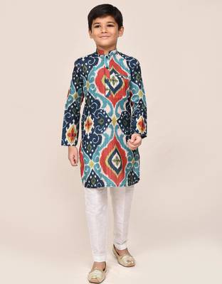 Kids boy multicolour pure cotton straight kurta pant set 1