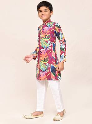 Kids boy multicolour cotton silk blend straight kurta pant set 2
