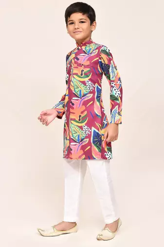 Kids boy multicolour cotton silk blend straight kurta pant set