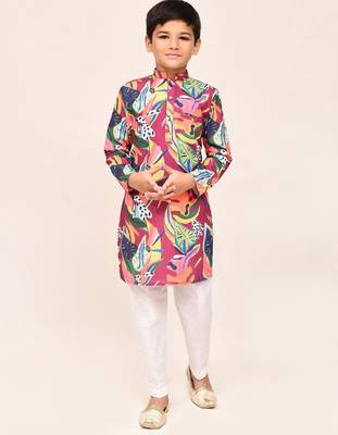 Kids boy multicolour cotton silk blend straight kurta pant set 1