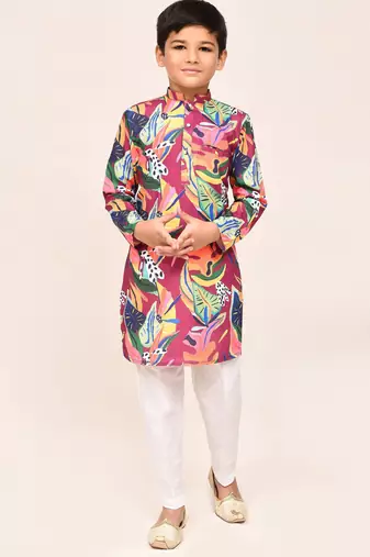 Kids boy multicolour cotton silk  straight kurta pant set