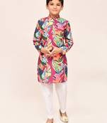 Kids boy multicolour cotton silk  straight kurta pant set