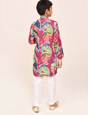 Kids boy multicolour cotton silk blend straight kurta pant set 3