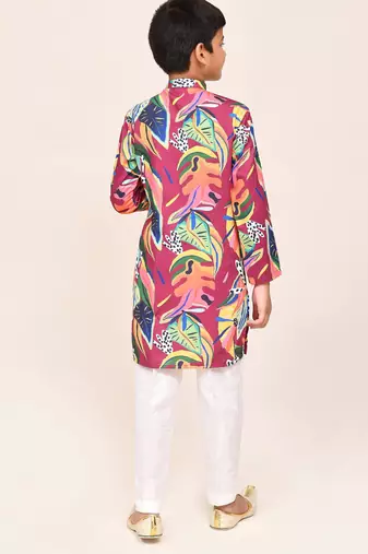 Kids boy multicolour cotton silk blend straight kurta pant set
