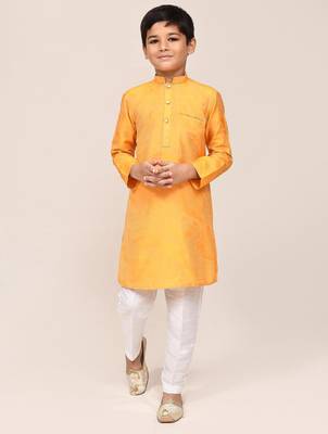 Kids boy yellow pure silk blend straight kurta pant set 1