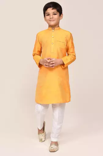 Kids boy yellow pure silk straight kurta pant set